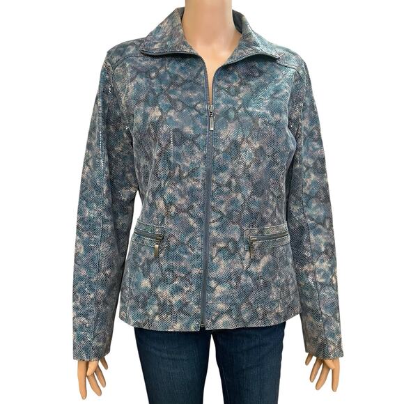 Chicos Snakeskin Leather Jacket Size 1.5/M/10 Blue Irridescent Shiny Zip Up - Picture 1 of 11